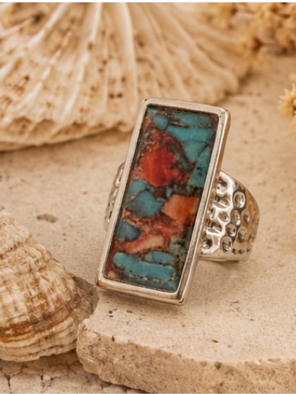 Southwestern Mosaic Stone Statement Ring Silver Size 8